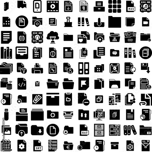 Collection Of 100 Files Icons Set Isolated Solid Silhouette Icons Including Document, File, Information, Management, Office, Icon, Business Infographic Elements Vector Illustration Logo