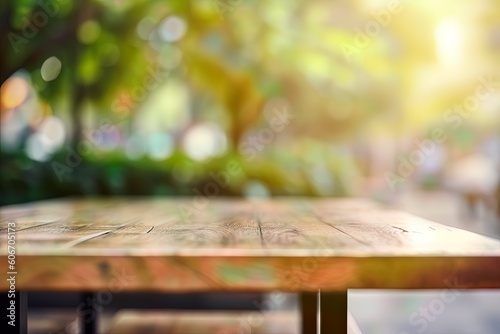 empty wooden table in spring coffee shop