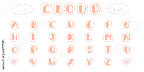Fluffy cloud alphabet set. Hand drawn cute pink pastel letters. Doodle cloud font, smiling cloud cartoon and hearts graphic elements. 