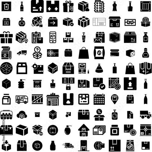 Collection Of 100 Package Icons Set Isolated Solid Silhouette Icons Including Package, Set, Box, Vector, Packaging, Pack, Product Infographic Elements Vector Illustration Logo