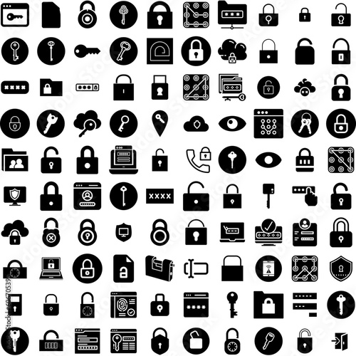 Collection Of 100 Password Icons Set Isolated Solid Silhouette Icons Including Password, Protection, Safety, Access, Web, Icon, Security Infographic Elements Vector Illustration Logo