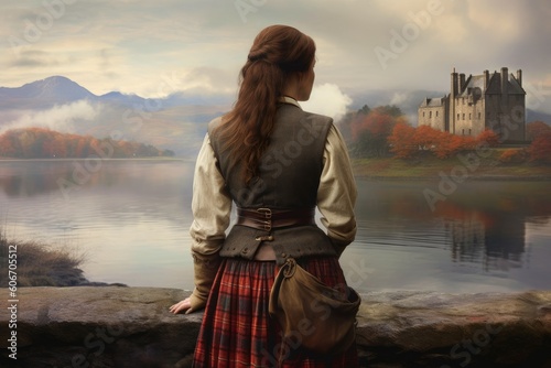 Scot cute woman scottish castle. Generate Ai photo