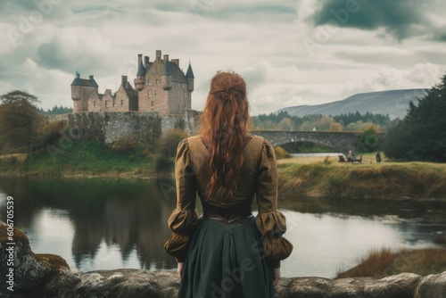 Foto Scot woman travel scottish castle. Generate Ai