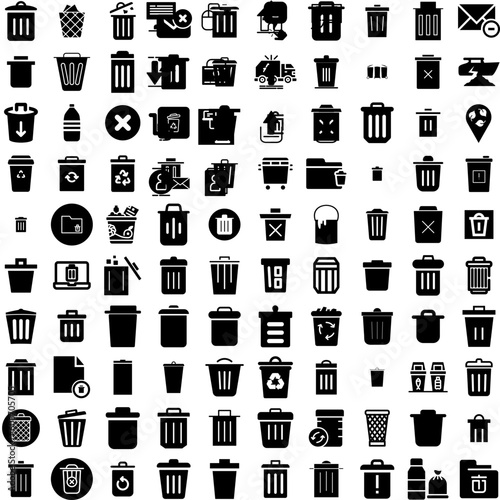 Collection Of 100 Trash Icons Set Isolated Solid Silhouette Icons Including Clean, Recycle, Garbage, Bin, Waste, Rubbish, Trash Infographic Elements Vector Illustration Logo
