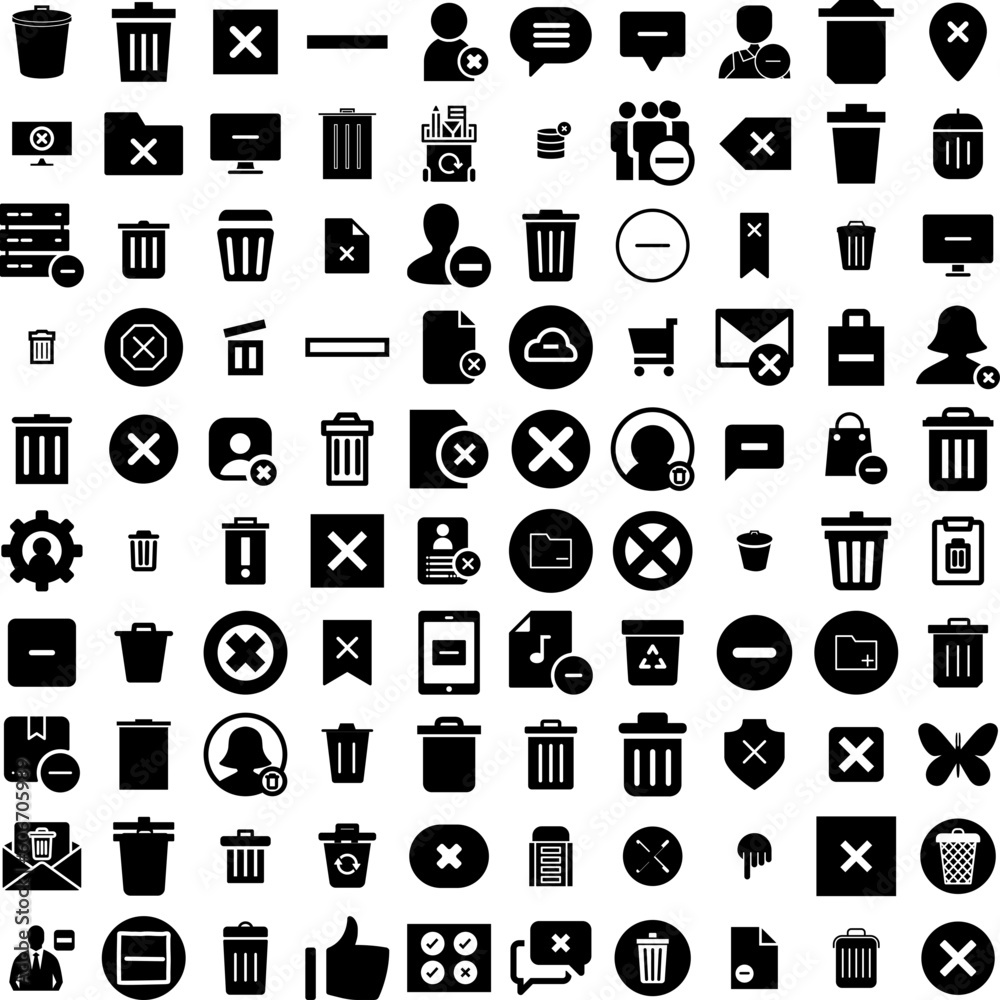 Collection Of 100 Delete Icons Set Isolated Solid Silhouette Icons Including Design, Web, Vector, Symbol, Trash, Icon, Delete Infographic Elements Vector Illustration Logo