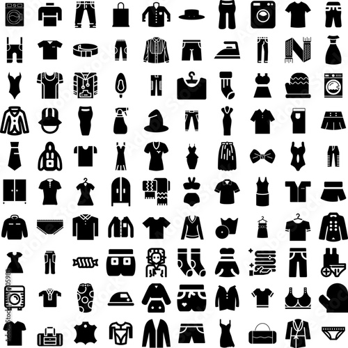 Collection Of 100 Clothes Icons Set Isolated Solid Silhouette Icons Including Fashion, Clothing, Cloth, Background, Style, Fabric, Clothes Infographic Elements Vector Illustration Logo