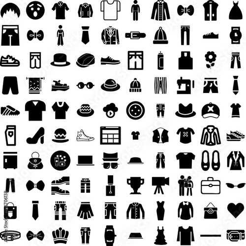 Collection Of 100 Fashion Icons Set Isolated Solid Silhouette Icons Including Trendy, Fashionable, Woman, Model, Fashion, Style, Beautiful Infographic Elements Vector Illustration Logo photo
