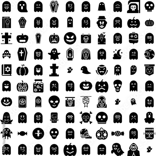 Collection Of 100 Halloween Icons Set Isolated Solid Silhouette Icons Including Background, Vector, Holiday, Halloween, Horror, Spooky, Pumpkin Infographic Elements Vector Illustration Logo