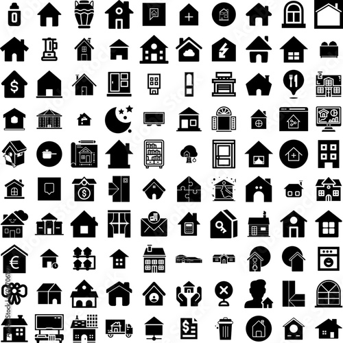 Collection Of 100 House Icons Set Isolated Solid Silhouette Icons Including Estate, House, Building, Residential, Home, Architecture, Property Infographic Elements Vector Illustration Logo