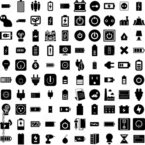 Collection Of 100 Power Icons Set Isolated Solid Silhouette Icons Including Vector, Electric, Illustration, Electricity, Station, Energy, Power Infographic Elements Vector Illustration Logo