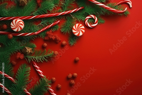 christmas tree on red background with candy canes and decorations  in the style of decorative borders  organic abstracts  poster