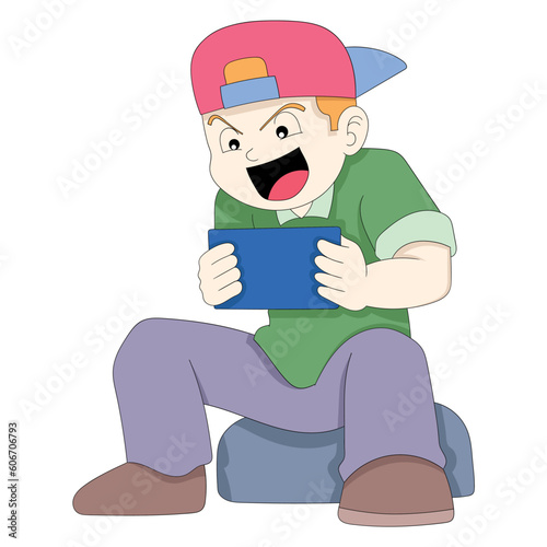 boy is having fun playing games from smartphone for competition