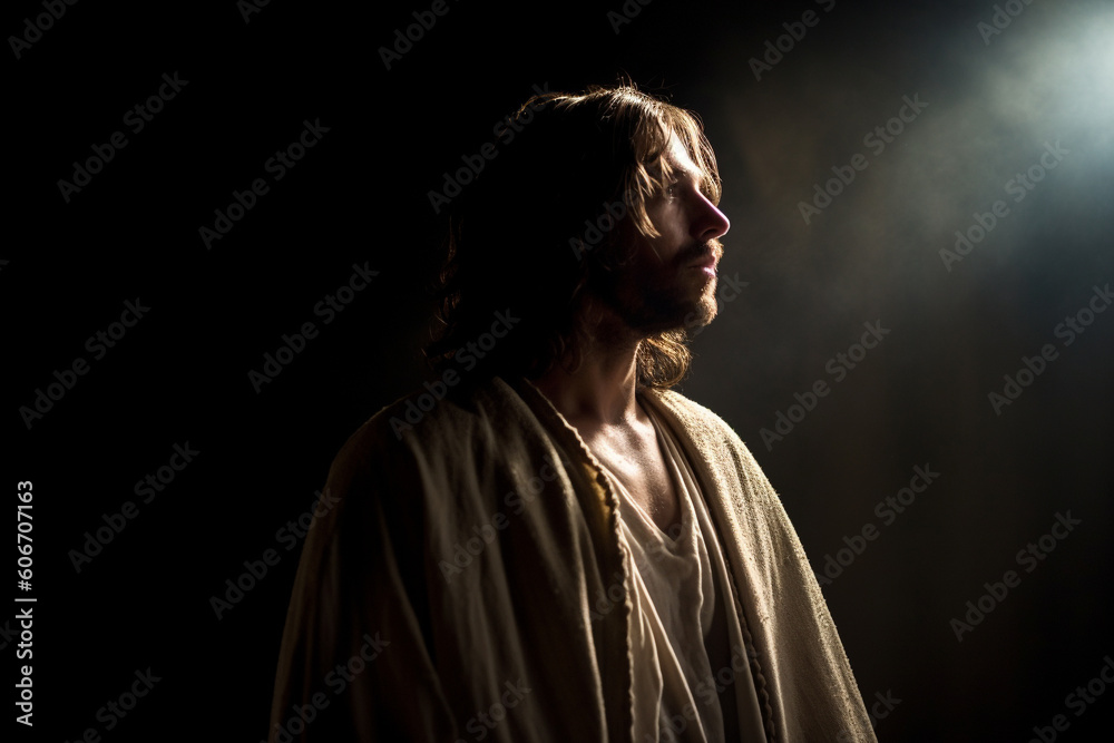 Jesus Christ, Jesus of Nazareth, Jesus of Galilee. Religious leader revered in Christianity, one of the world's major religions. Bible, God, religious, belive, pray. Generative AI