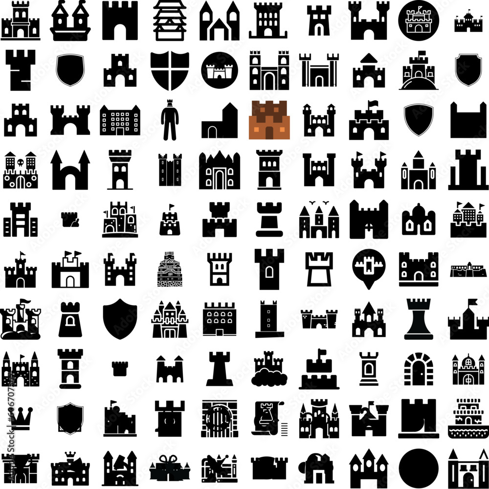 Collection Of 100 Castle Icons Set Isolated Solid Silhouette Icons Including Old, Medieval, Building, Architecture, Castle, Fantasy, Tower Infographic Elements Vector Illustration Logo