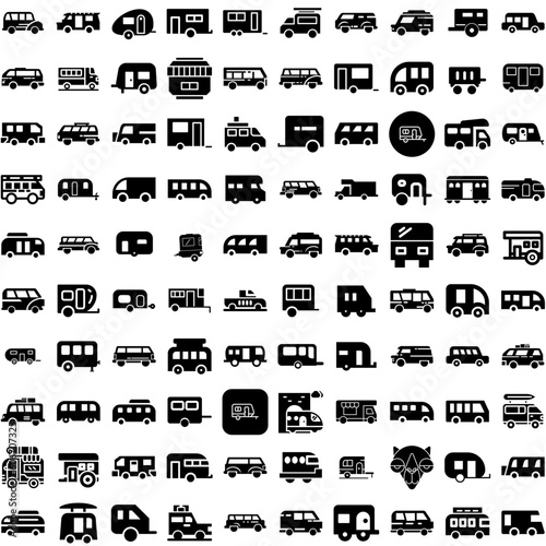 Collection Of 100 Caravan Icons Set Isolated Solid Silhouette Icons Including Vacation, Travel, Camp, Holiday, Trip, Camper, Caravan Infographic Elements Vector Illustration Logo