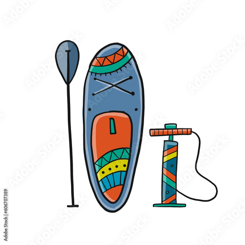 Paddle board, paddle with pump. Isolated on white for yout design
