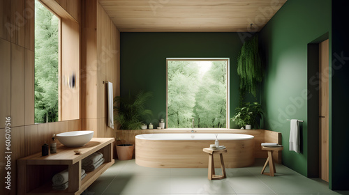 Wooden bathroom design. Decorated with green plants. AI generated