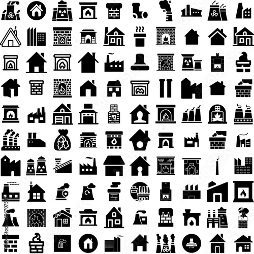 Collection Of 100 Chimney Icons Set Isolated Solid Silhouette Icons Including House, Smoke, Heating, Home, Roof, Building, Chimney Infographic Elements Vector Illustration Logo