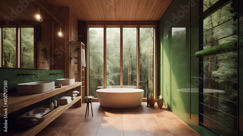 Wooden bathroom design. AI generated