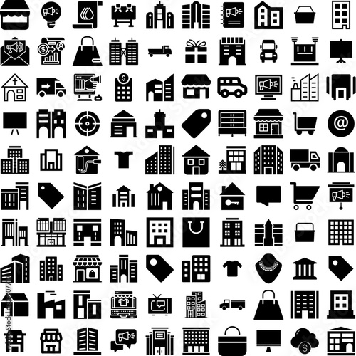 Collection Of 100 Commercial Icons Set Isolated Solid Silhouette Icons Including Building, Architecture, Commercial, Business, City, Office, Modern Infographic Elements Vector Illustration Logo