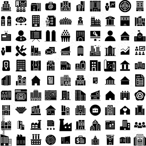 Collection Of 100 Company Icons Set Isolated Solid Silhouette Icons Including Office, Business, Corporate, Technology, Meeting, Company, Teamwork Infographic Elements Vector Illustration Logo