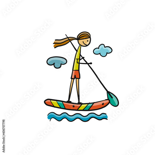 Girl on paddle board. Isolated on white for yout design