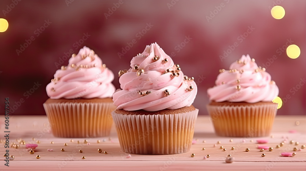 Cupcakes with pink cream on a wooden table, close-up, bokeh background. Generative AI.