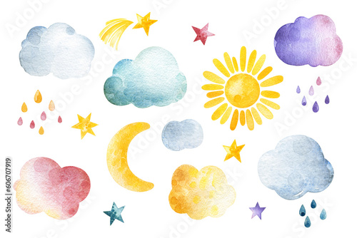Cute unicorns collection. Collection with watercolor clouds,stars sun and moon. Pastel colors.Perfect for print,wallpapers,textile,packaging,baby clothes,fabric,birthday,stickers