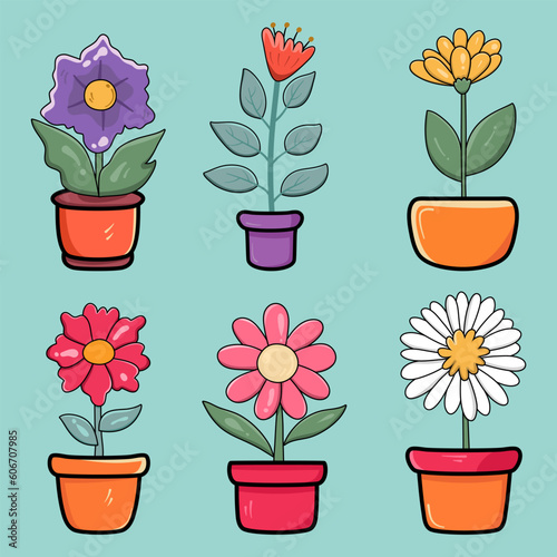 Cute colorful flower in flower pot doodle vector set