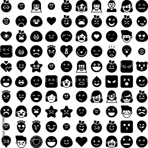 Collection Of 100 Feeling Icons Set Isolated Solid Silhouette Icons Including Concept, Feeling, Emotion, People, Smile, Happy, Person Infographic Elements Vector Illustration Logo