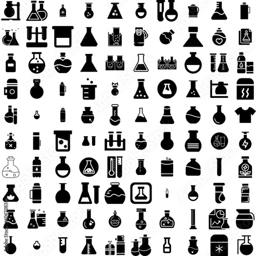 Collection Of 100 Flask Icons Set Isolated Solid Silhouette Icons Including Chemical, Test, Equipment, Science, Chemistry, Laboratory, Flask Infographic Elements Vector Illustration Logo