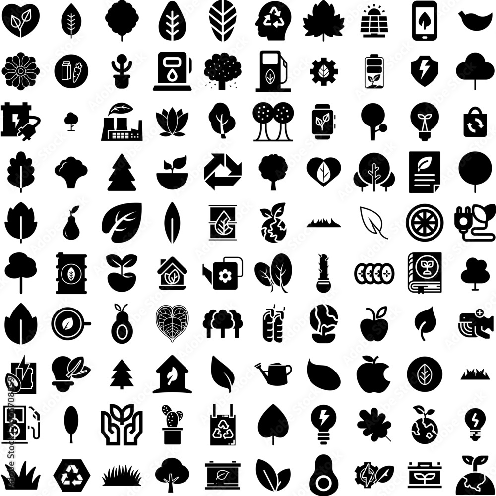 Collection Of 100 Green Icons Set Isolated Solid Silhouette Icons Including Background, Green, Modern, Banner, Wallpaper, Abstract, Design Infographic Elements Vector Illustration Logo