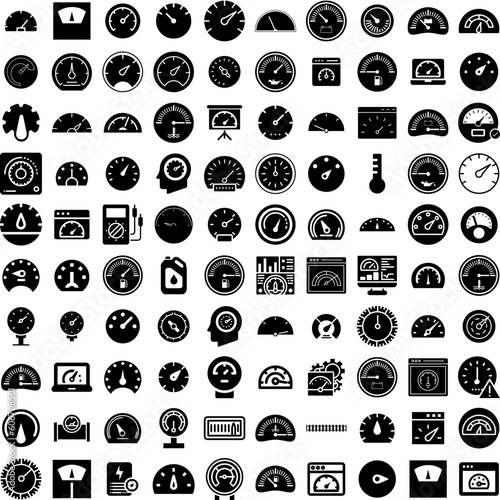 Collection Of 100 Gauge Icons Set Isolated Solid Silhouette Icons Including Indicator, Level, Power, Icon, Vector, Gauge, Meter Infographic Elements Vector Illustration Logo photo