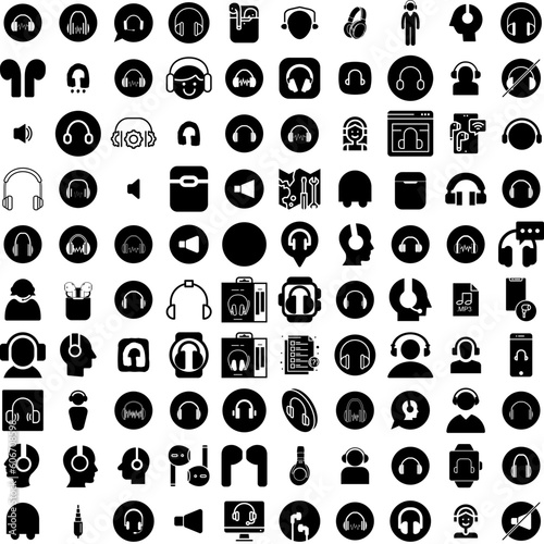 Collection Of 100 Headphones Icons Set Isolated Solid Silhouette Icons Including Stereo, Technology, Headset, Equipment, Music, Sound, Audio Infographic Elements Vector Illustration Logo