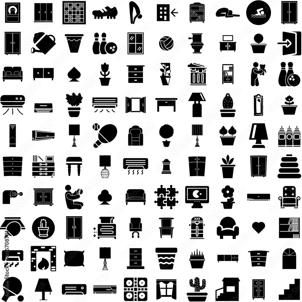 Collection Of 100 Indoor Icons Set Isolated Solid Silhouette Icons Including White, Interior, Design, Indoor, Room, Home, House Infographic Elements Vector Illustration Logo