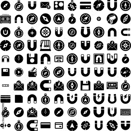 Collection Of 100 Magnetic Icons Set Isolated Solid Silhouette Icons Including Magnetic, Symbol, Force, Illustration, Magnet, Icon, Magnetism Infographic Elements Vector Illustration Logo