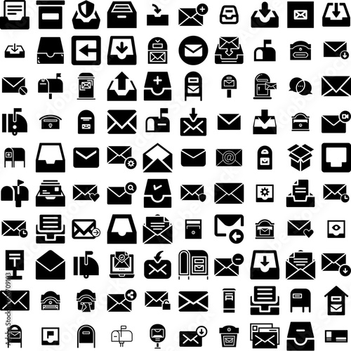 Collection Of 100 Mailbox Icons Set Isolated Solid Silhouette Icons Including Mail, Send, Envelope, Letter, Address, Mailbox, Message Infographic Elements Vector Illustration Logo