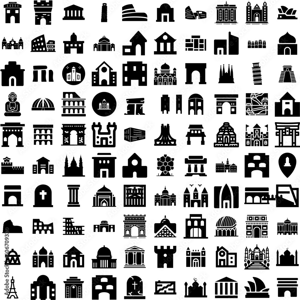 Collection Of 100 Monument Icons Set Isolated Solid Silhouette Icons Including Architecture, Monument, Travel, Illustration, Landmark, Tourism, Vector Infographic Elements Vector Illustration Logo