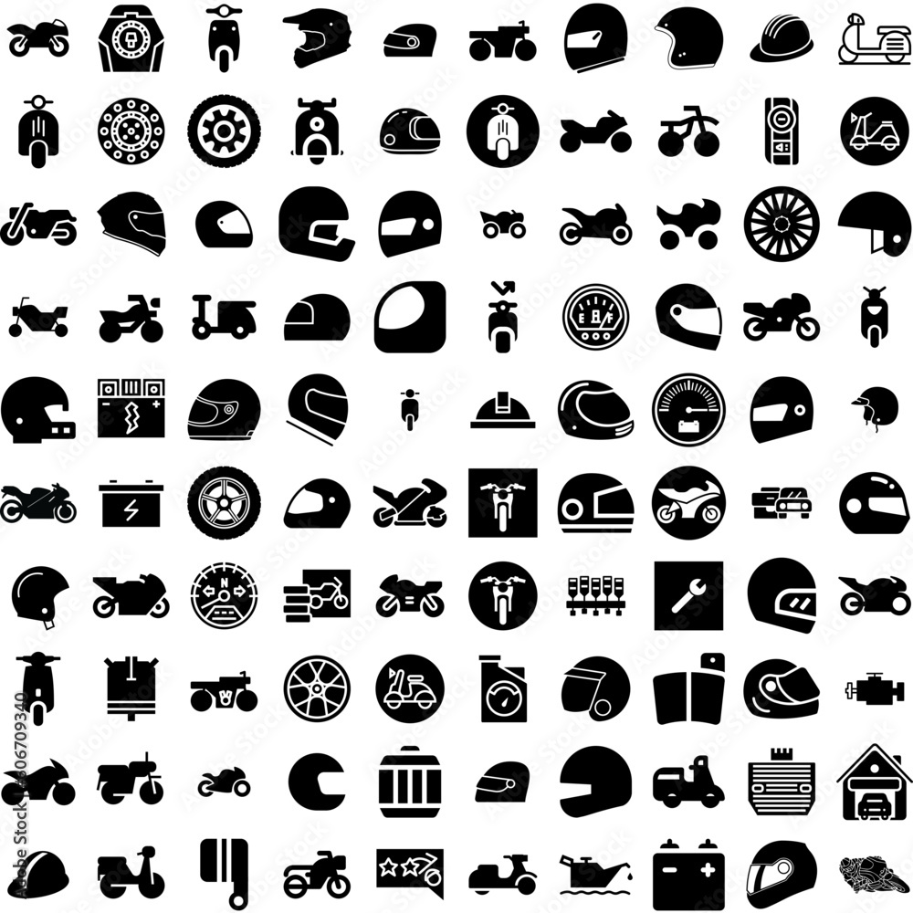Collection Of 100 Motorcycle Icons Set Isolated Solid Silhouette Icons Including Vehicle, Transport, Motorbike, Biker, Bike, Motorcycle, Motor Infographic Elements Vector Illustration Logo