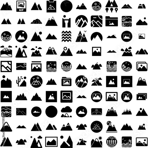 Collection Of 100 Mountains Icons Set Isolated Solid Silhouette Icons Including Outdoor, Nature, Landscape, Background, Travel, Peak, Mountain Infographic Elements Vector Illustration Logo