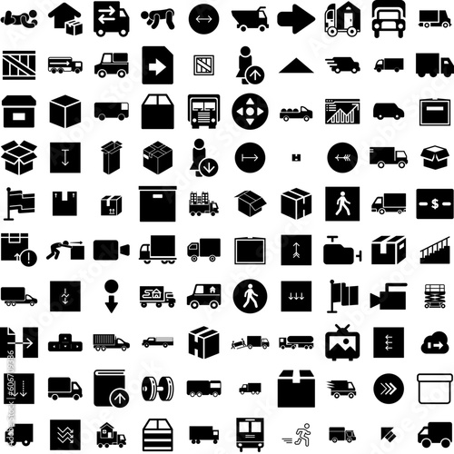 Collection Of 100 Moving Icons Set Isolated Solid Silhouette Icons Including Apartment, Cardboard, Move, New, House, Home, Relocation Infographic Elements Vector Illustration Logo