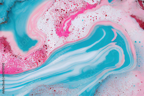 Pink and teal acrylic color liquid ink swirl abstract background with ravishing turbulence wavy pattern and detailed texture. Colorful and realistic dynamic texture by Generative AI.