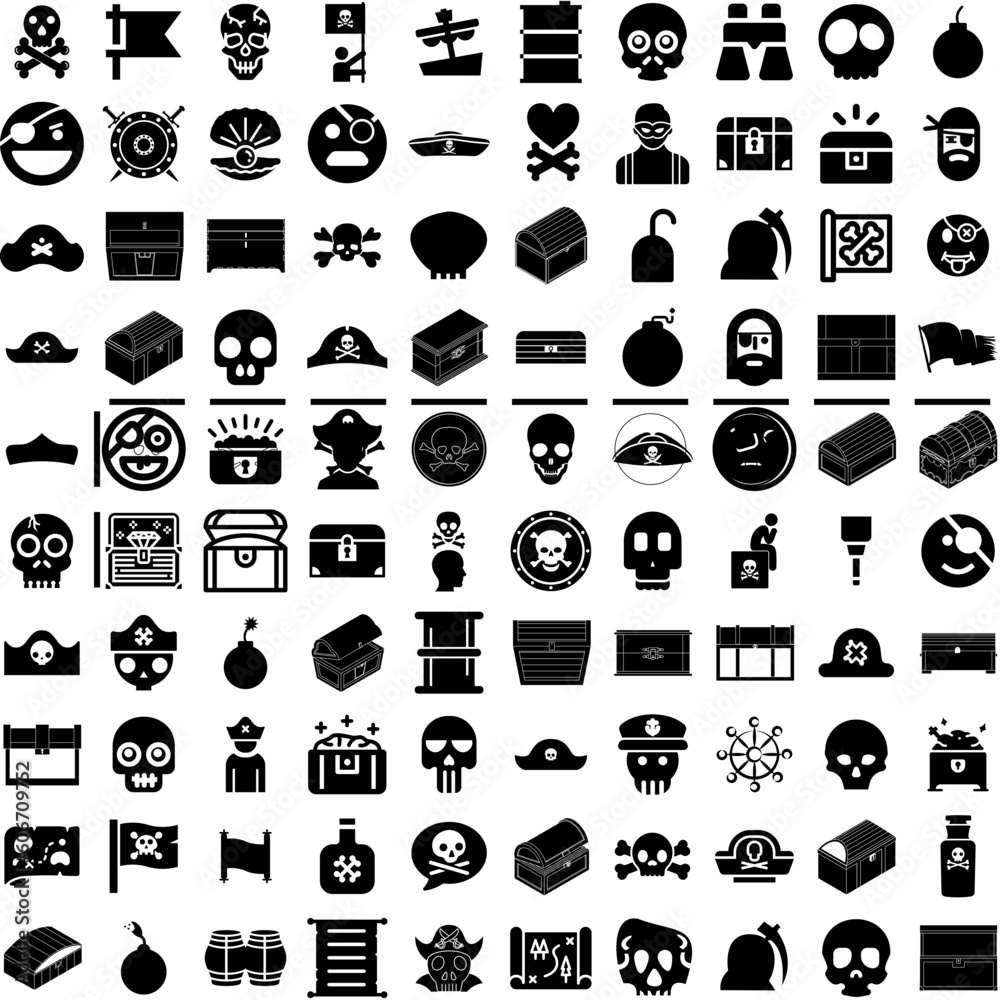 Collection Of 100 Pirate Icons Set Isolated Solid Silhouette Icons Including Pirate, Sea, Flag, Adventure, Illustration, Vector, Ship Infographic Elements Vector Illustration Logo