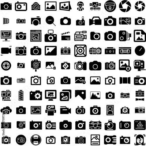 Collection Of 100 Photography Icons Set Isolated Solid Silhouette Icons Including Technology, Photo, Camera, Equipment, Photographer, Photography, Lens Infographic Elements Vector Illustration Logo