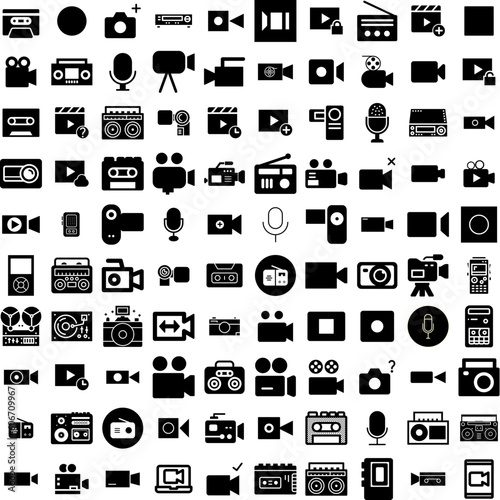 Collection Of 100 Recorder Icons Set Isolated Solid Silhouette Icons Including Audio, Tape, Sound, Retro, Recorder, Music, Equipment Infographic Elements Vector Illustration Logo