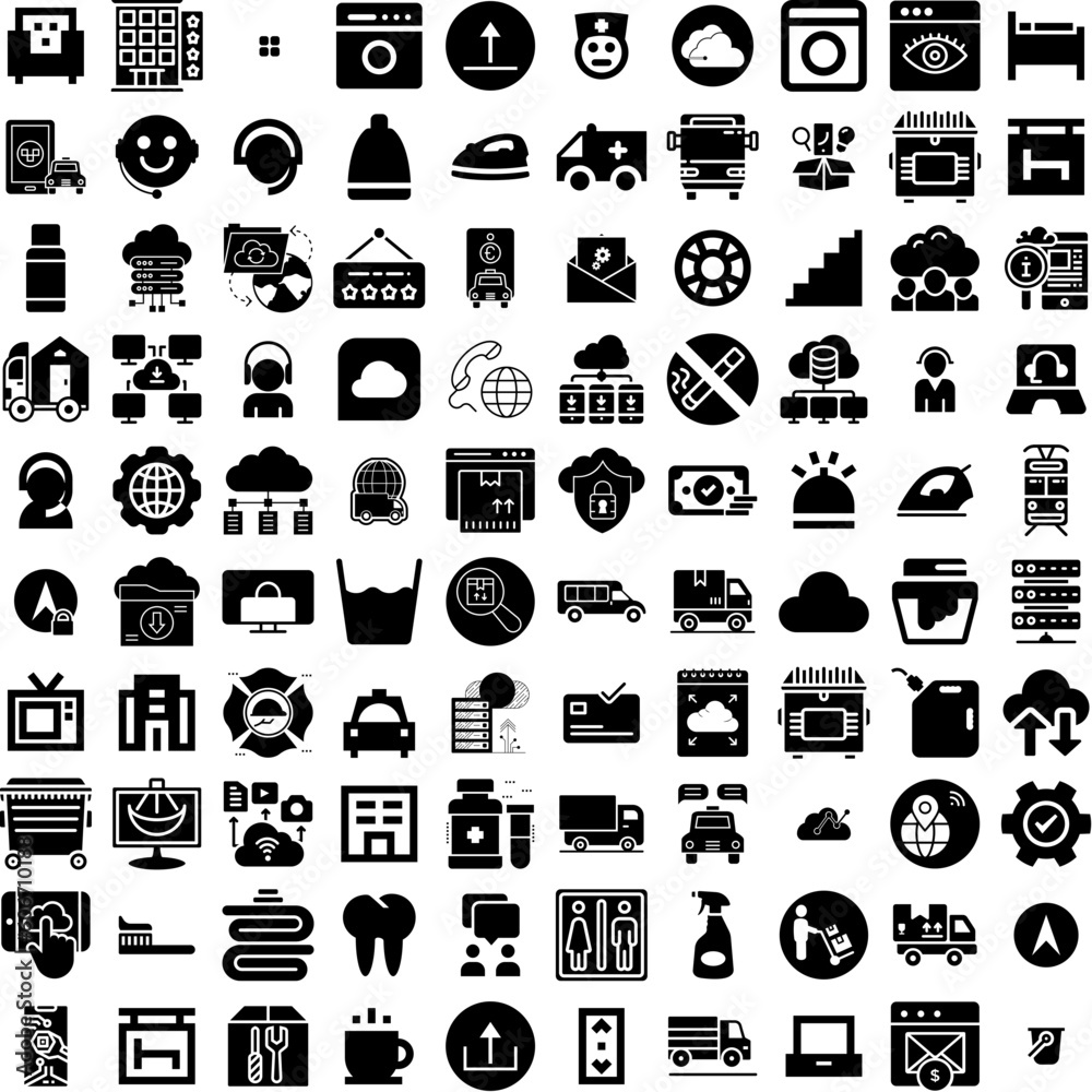 Collection Of 100 Services Icons Set Isolated Solid Silhouette Icons Including Customer, Support, Office, Call, Service, Person, Business Infographic Elements Vector Illustration Logo