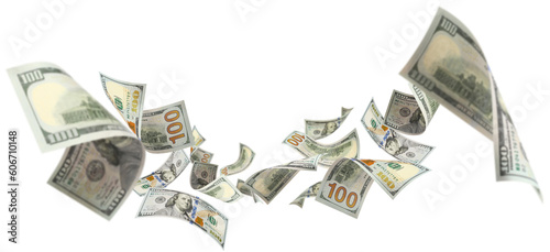 Flying 100 American dollars banknotes, cut out photo