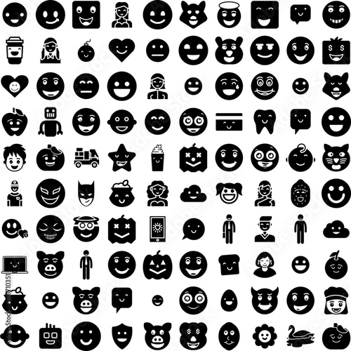 Collection Of 100 Smiling Icons Set Isolated Solid Silhouette Icons Including Happy, Smile, Face, Cheerful, Isolated, Young, Woman Infographic Elements Vector Illustration Logo