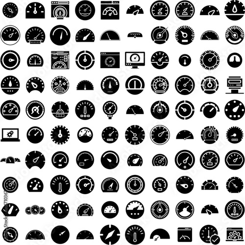 Collection Of 100 Speedometer Icons Set Isolated Solid Silhouette Icons Including Meter, Speed, Speedometer, Icon, Car, Fast, Vector Infographic Elements Vector Illustration Logo photo