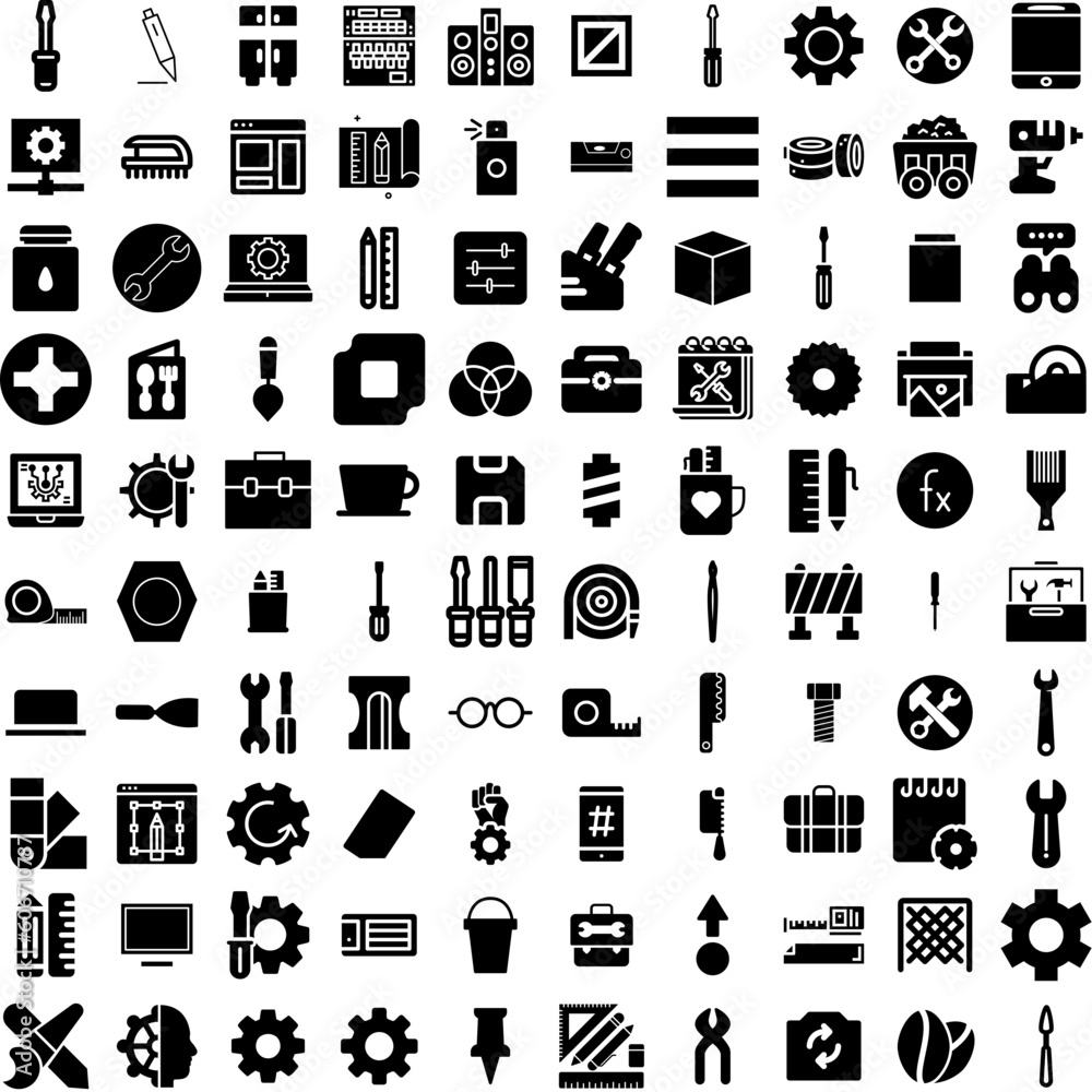 Collection Of 100 Tools Icons Set Isolated Solid Silhouette Icons Including Spanner, Hammer, Tool, Equipment, Vector, Wrench, Work Infographic Elements Vector Illustration Logo